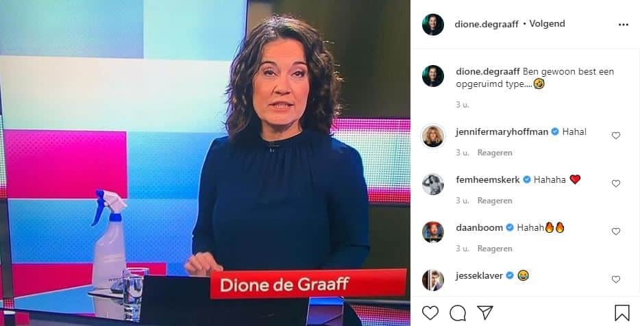 Dione de Graaff opgeruimd type desinfectie spray Instagram